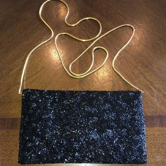Valerie Stevens Black & Gold Tone Vintage Seed Bead Beaded Evening Bag Clutch - Picture 5 of 14